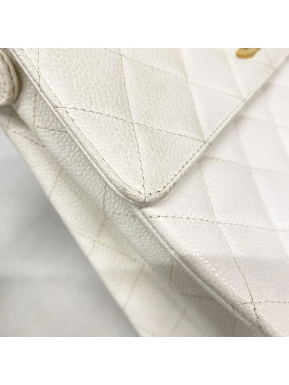Chanel Shoulder Bag Quilted Caviar Leather White Gold